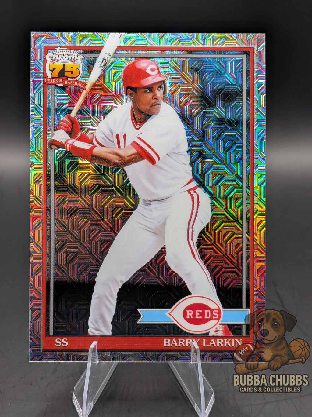 Baseball trading card of Barry Larkin Topps Chrome 75th Anniversary Mojo Refractor