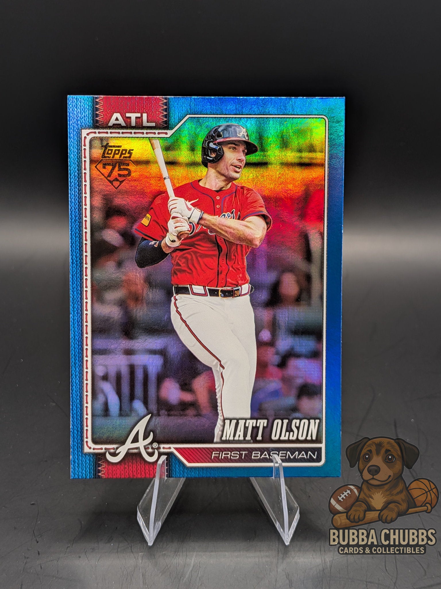 Baseball trading card of Matt Olson topps series one 75th anniversary blue rainbow foil numbered 