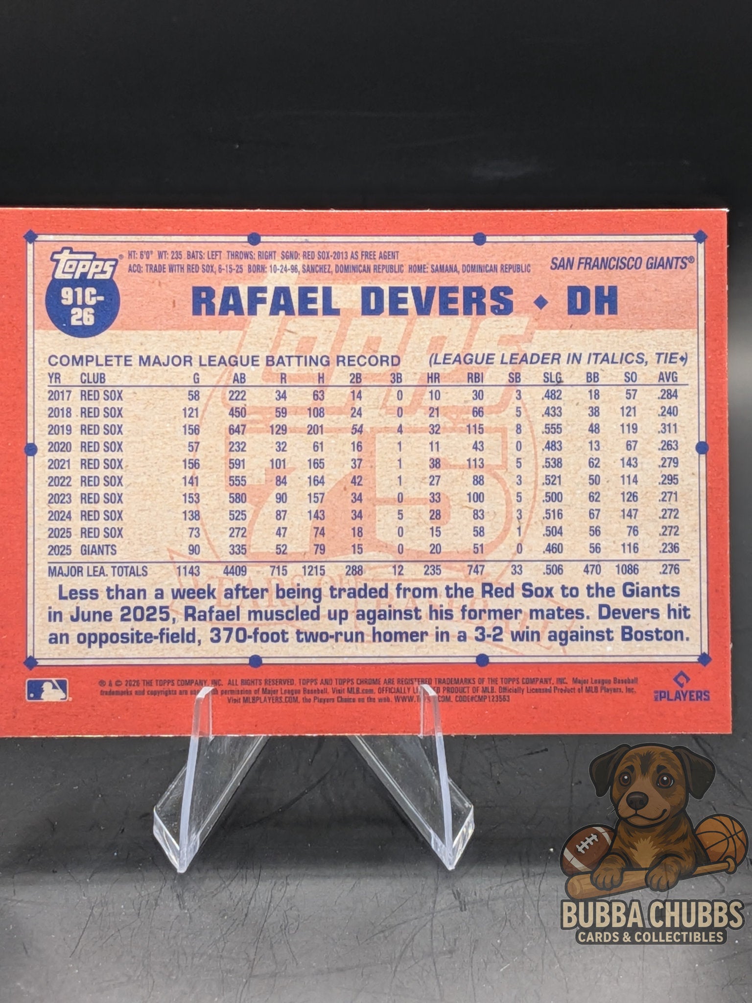 Topps Chrome baseball trading card Mojo blue refractor Rafael Devers 75th anniversary numbered