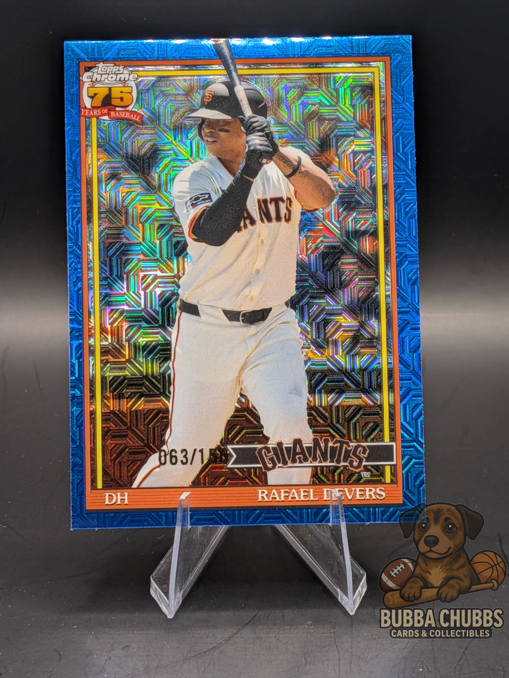 Topps Chrome baseball trading card Mojo blue refractor Rafael Devers 75th anniversary numbered