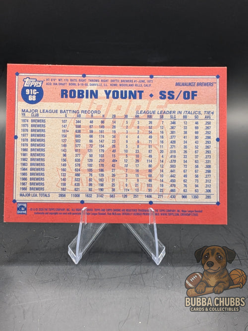 Colorful baseball trading card featuring robin yount topps chrome mojo refractor 75th anniversary