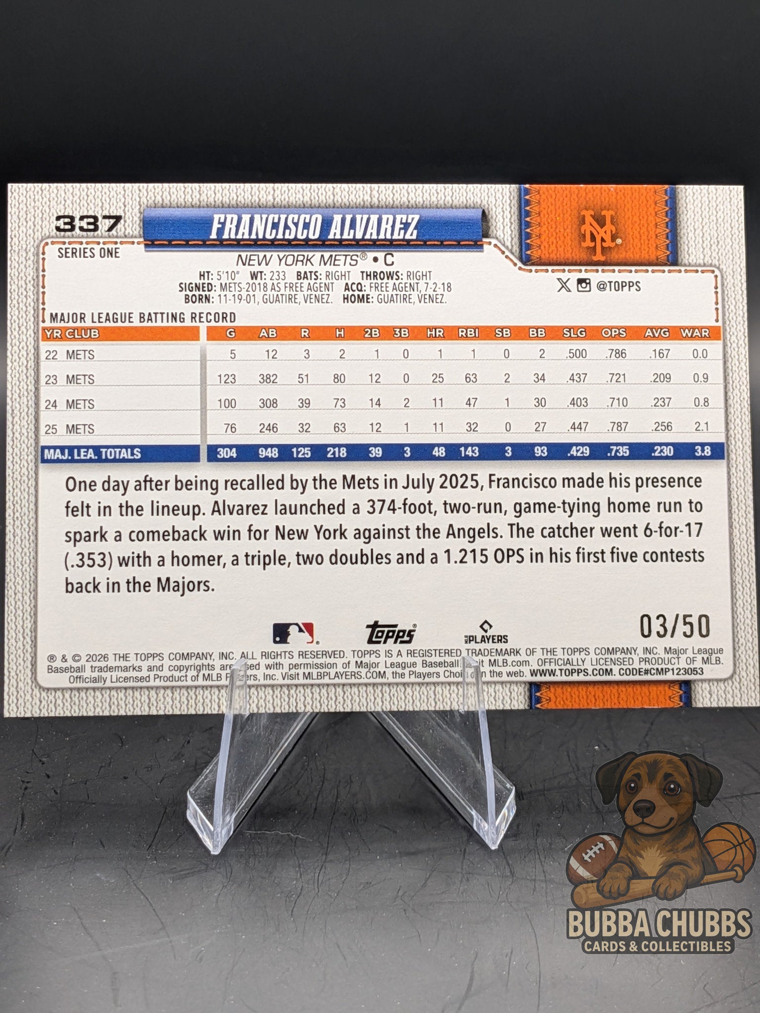 Baseball trading card of Francisco Alvarez of the New York Mets topps parallel sand glitter  numbered