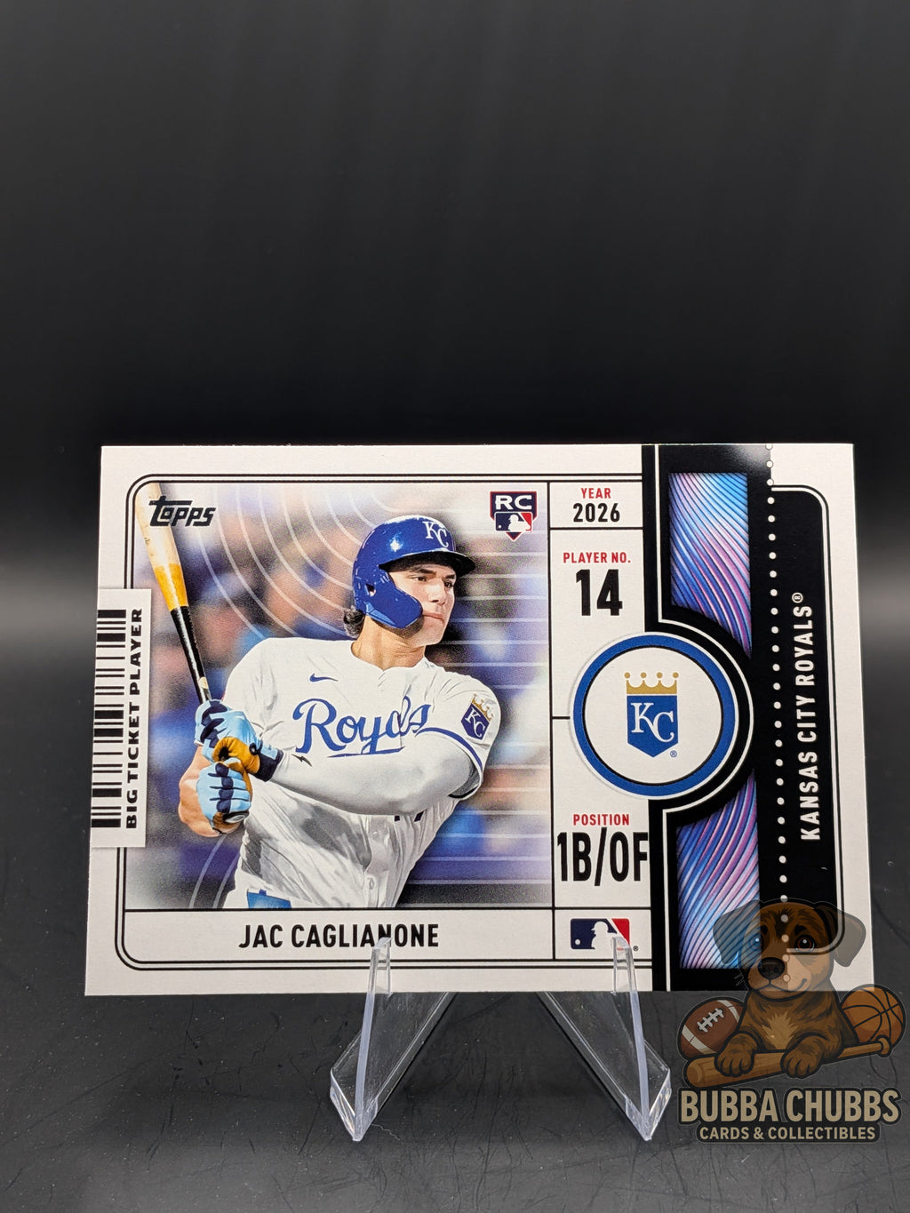 Baseball trading card of a player from the Kansas City RoyalsTopps Series One Topps Admit One Big Ticket Player Jac Caglianone