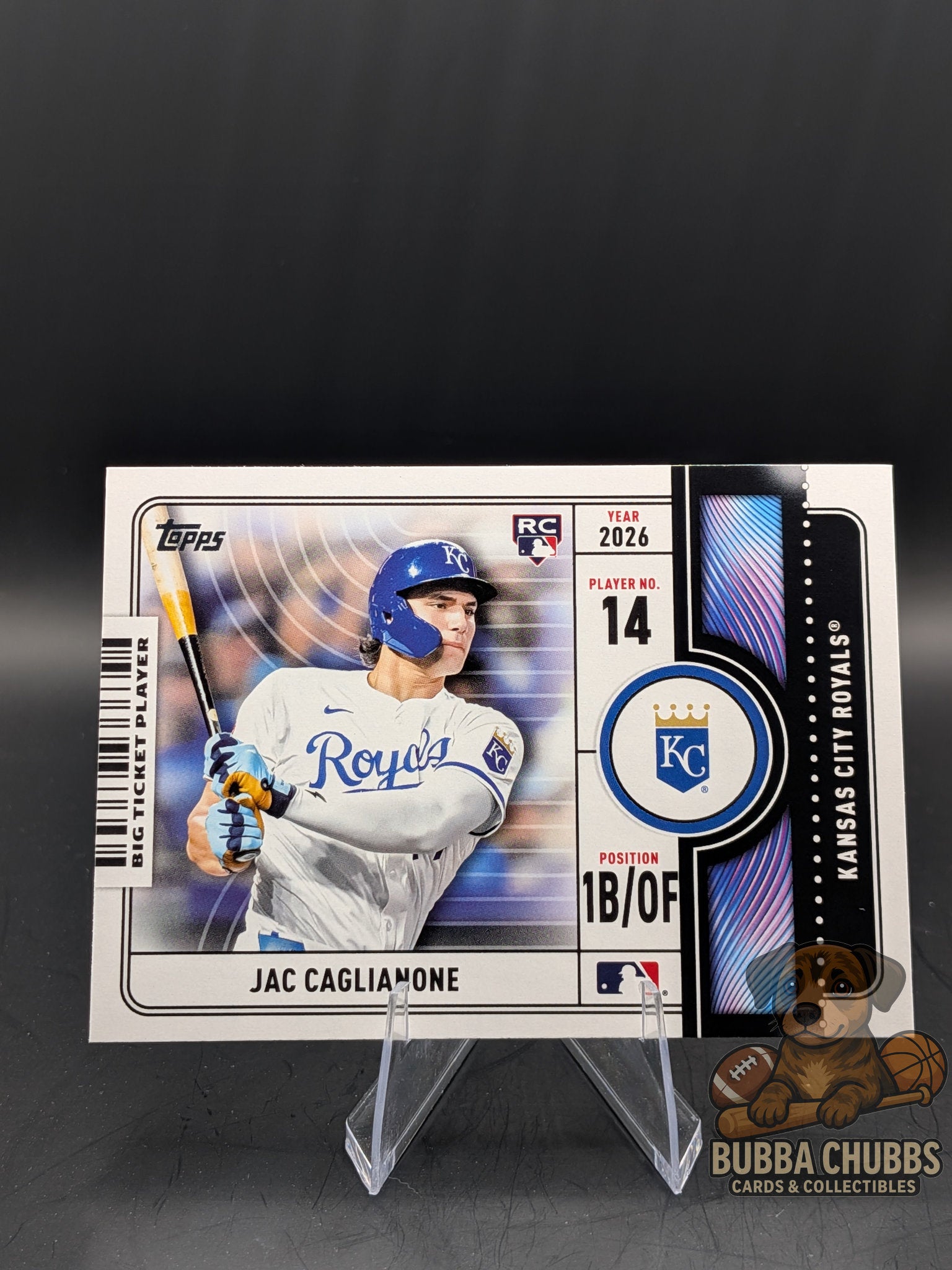Baseball trading card of a player from the Kansas City RoyalsTopps Series One Topps Admit One Big Ticket Player Jac Caglianone