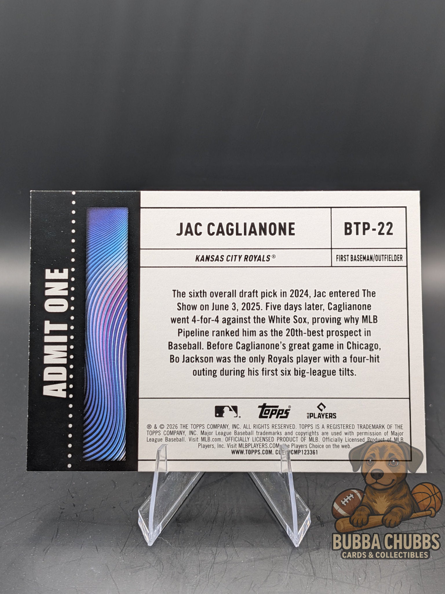 Baseball trading card of a player from the Kansas City RoyalsTopps Series One Topps Admit One Big Ticket Player Jac Caglianone