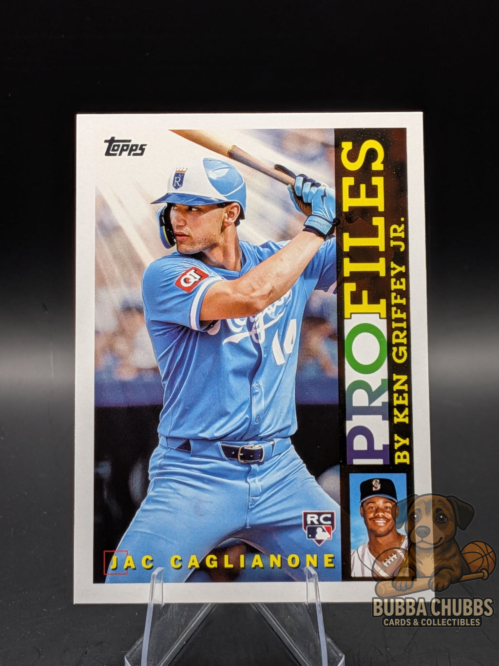 Baseball trading card featuring  Jac Caglianone rookie with Topps Profiles by Ken Griffey Jr. insert