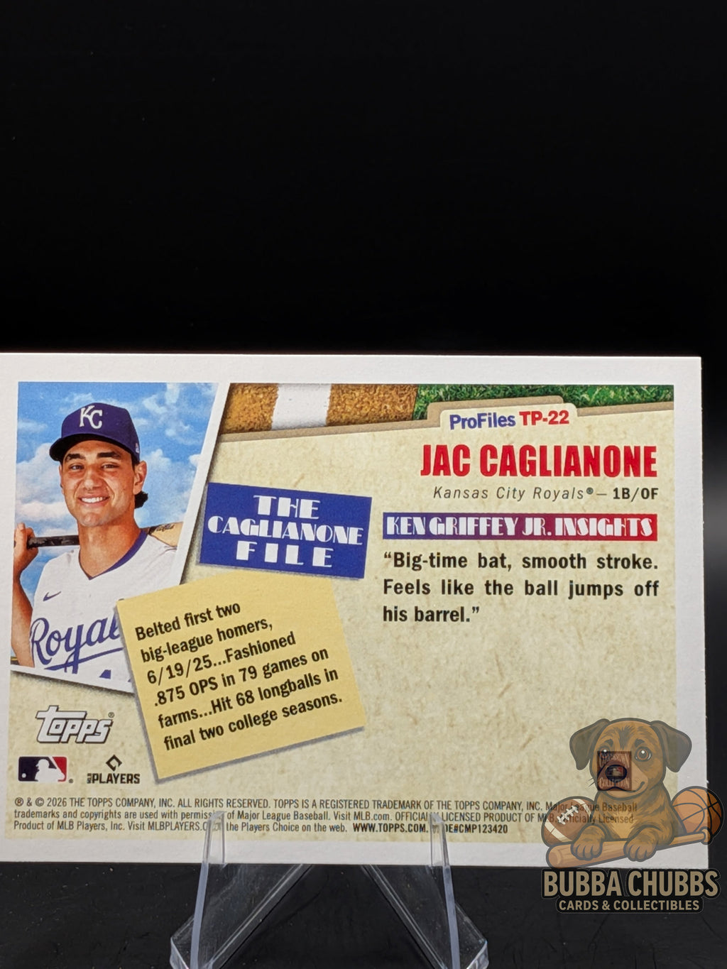 Baseball trading card featuring  Jac Caglianone rookie with Topps Profiles by Ken Griffey Jr. insert