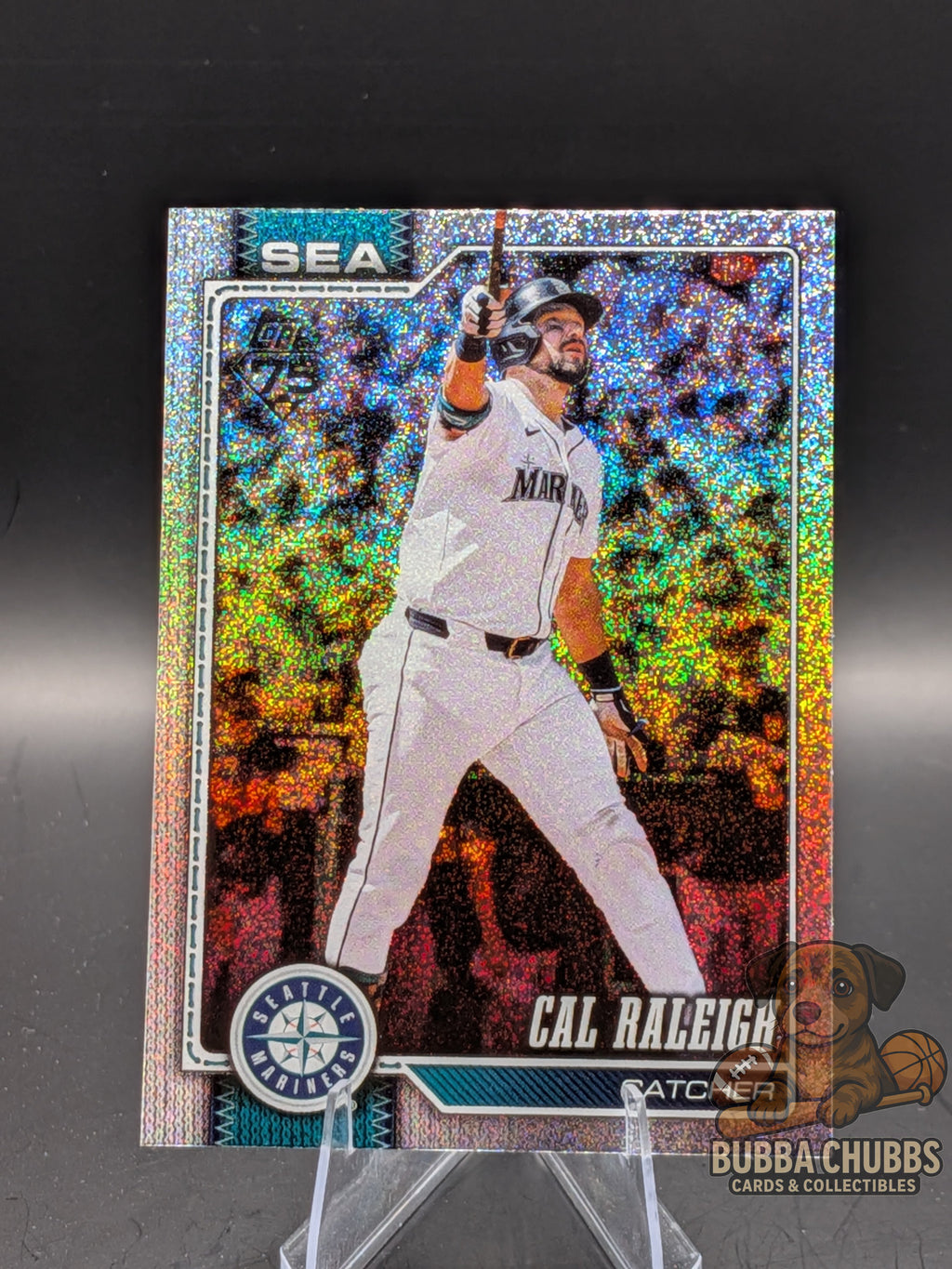 Baseball trading card of Cal Raleigh topps series 1 sand glitter parallel