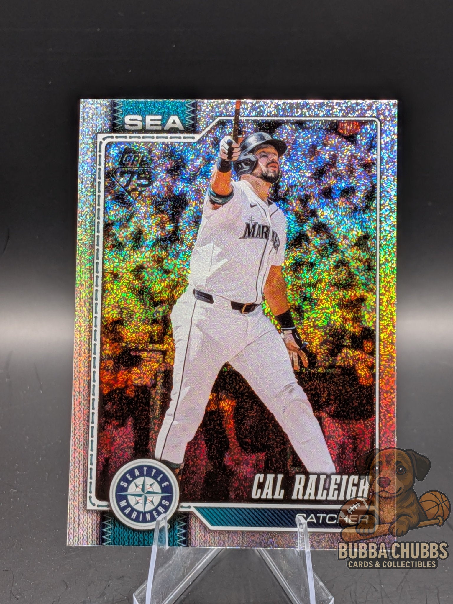 Baseball trading card of Cal Raleigh topps series 1 sand glitter parallel