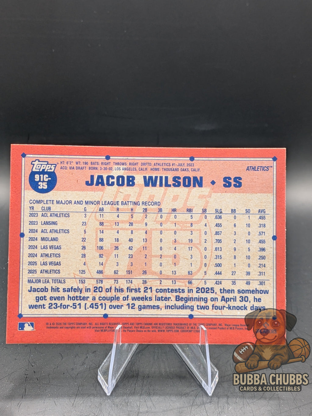 Baseball trading card of Jacob Wilson Topps Chrome Mojo Refractor all star rookie