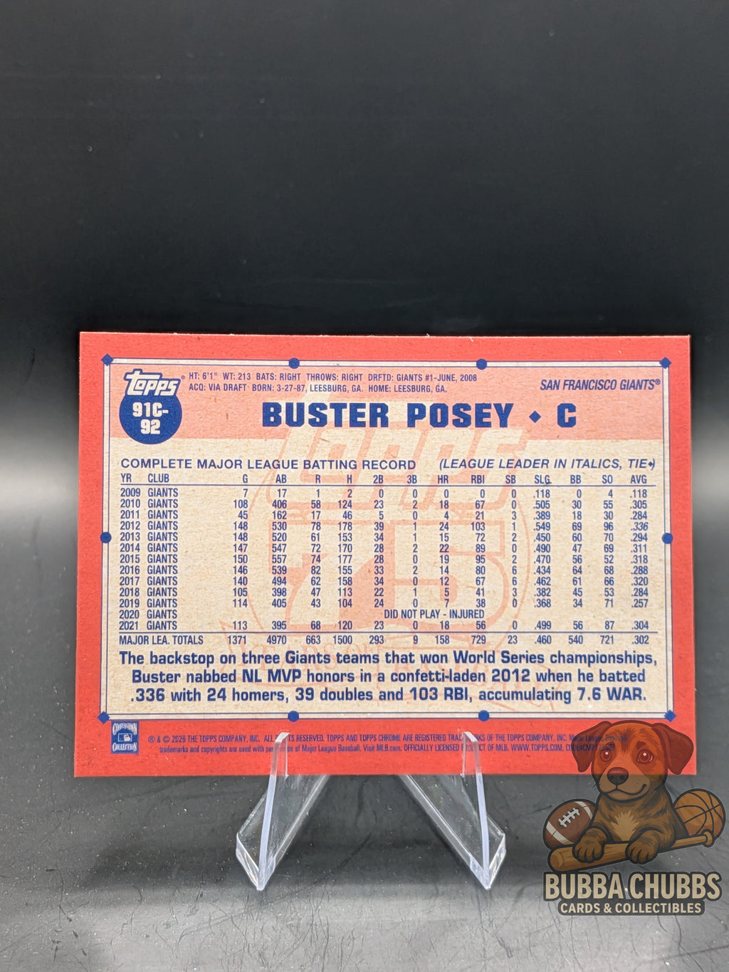 Baseball trading card featuring Buster Posey topps chrome mojo refractor