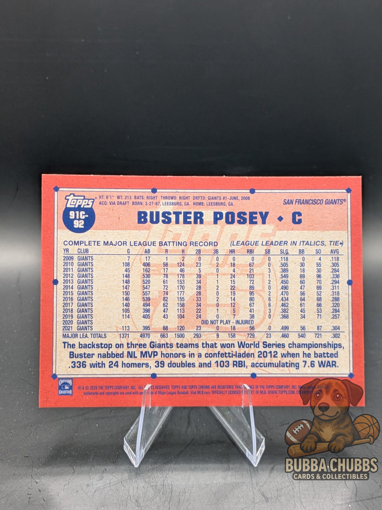 Baseball trading card featuring Buster Posey topps chrome mojo refractor