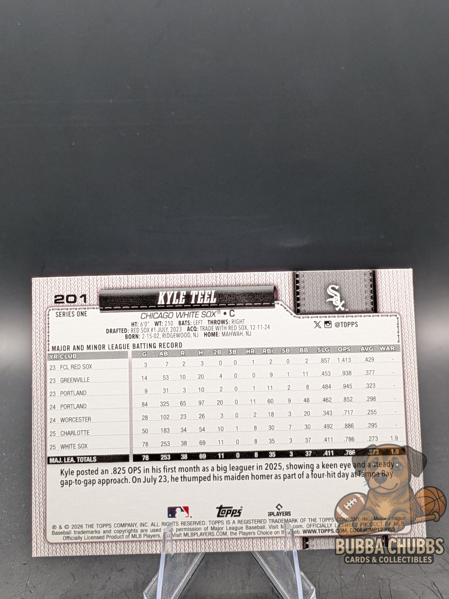 Baseball trading card of Kyle Teel toops series one sand glitter rookie