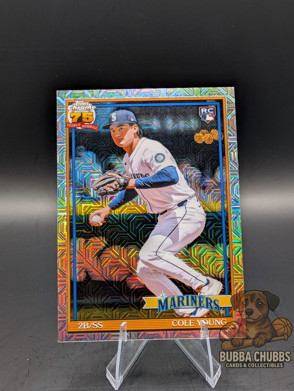 Baseball trading card ofCole Young Topps Chrome mojo refractor rookie