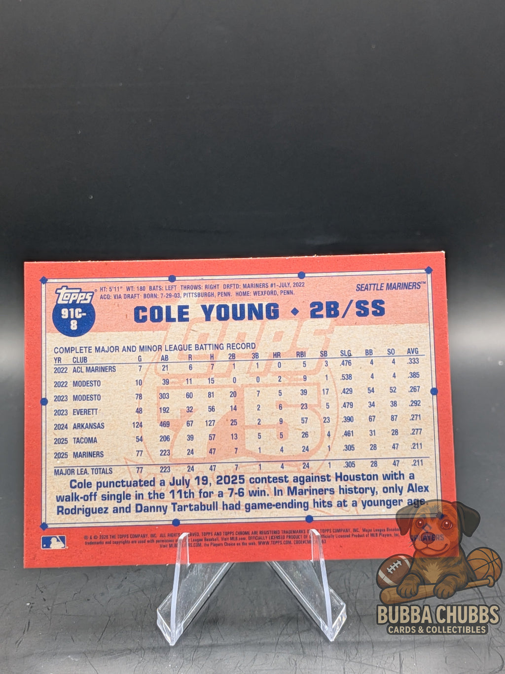 Baseball trading card ofCole Young Topps Chrome mojo refractor rookie