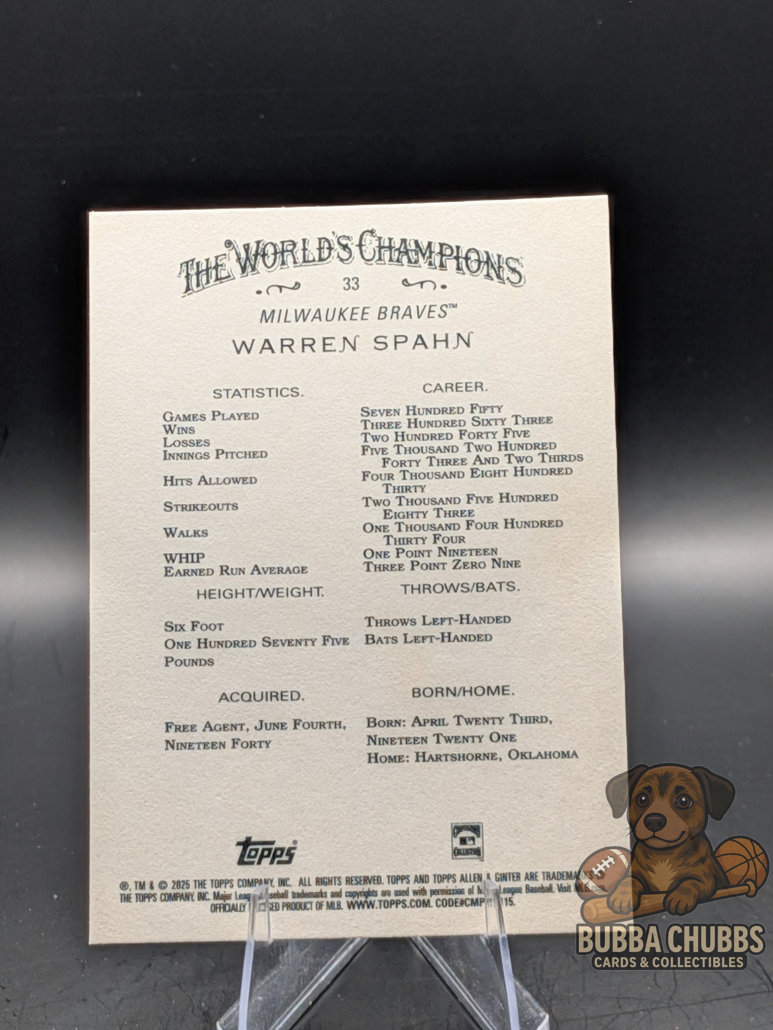Baseball trading card featuring Warren Spahn Topps Allen & Ginter X