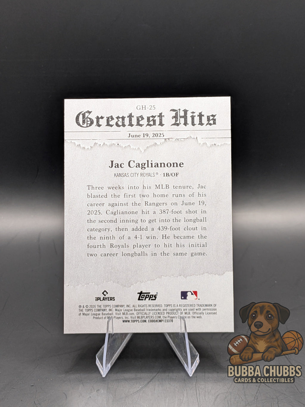 Baseball trading card featuring Jac Caglianone Greatest Hits Topps 