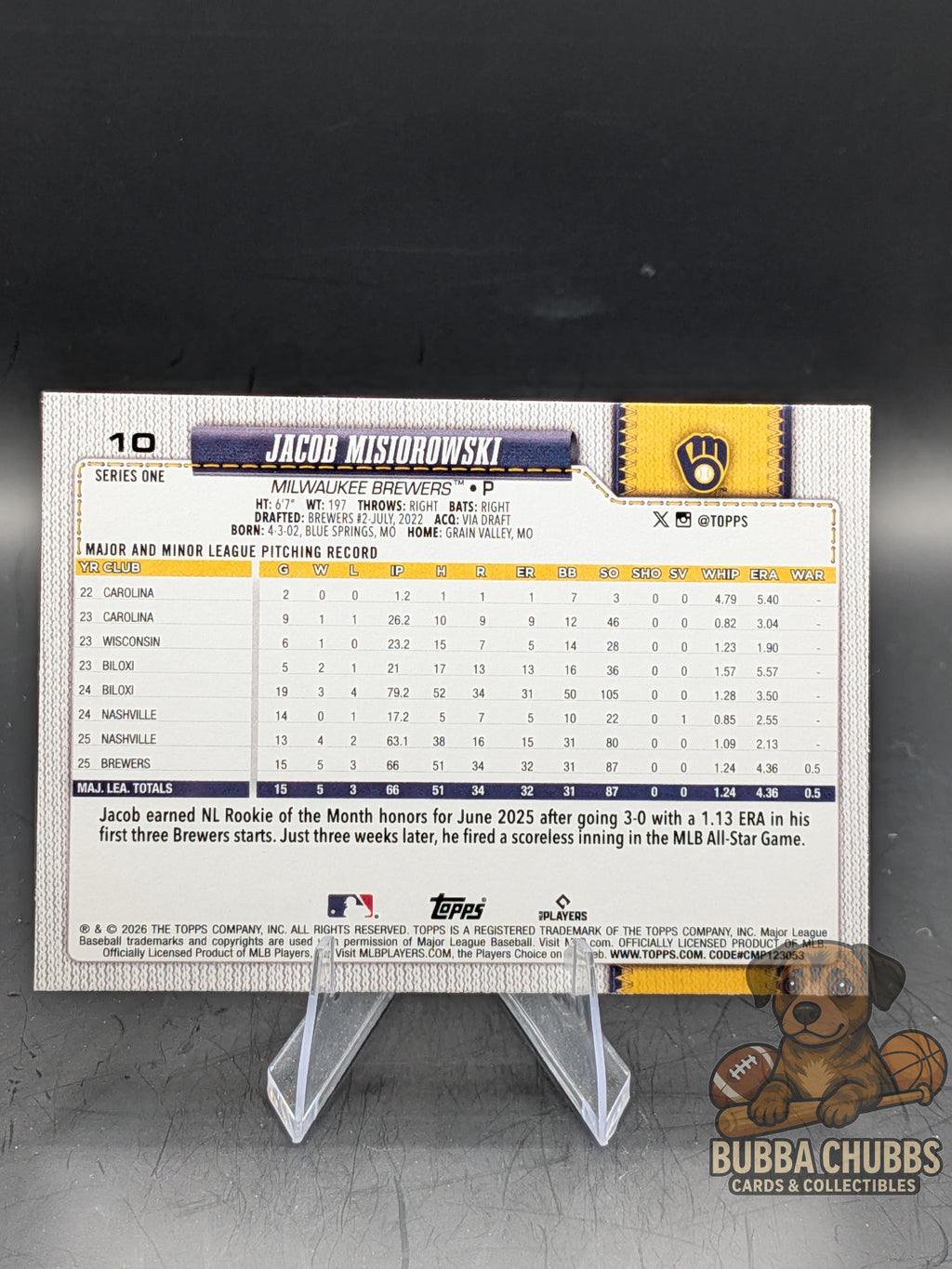 Baseball trading card of Jacob Misorowski topps series one rookie card