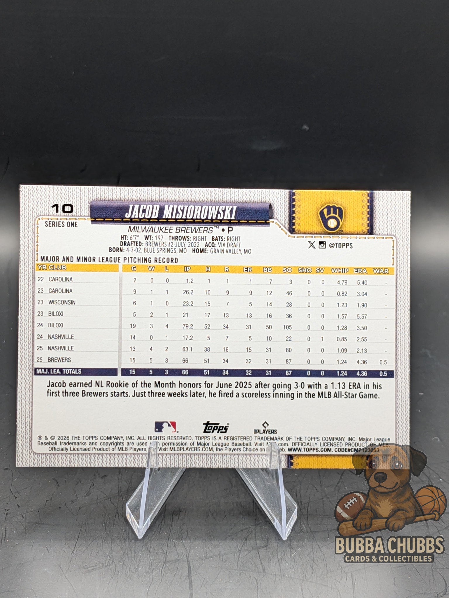 Baseball trading card of Jacob Misorowski topps series one rookie card