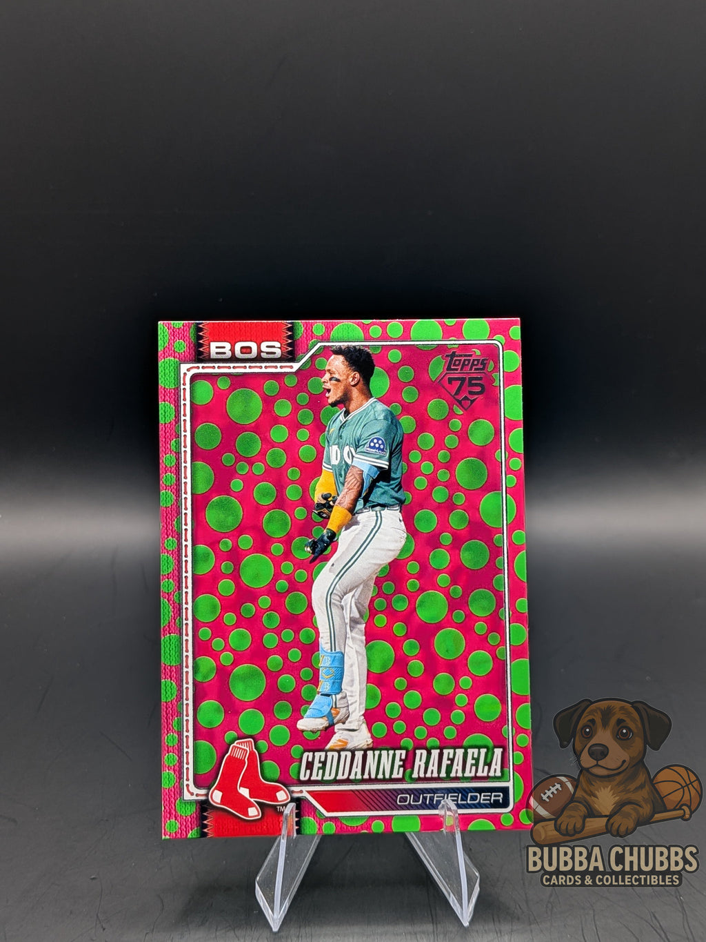 Trading card of baseball player Cedanne Rafaela topps holiday pink and green polka dots parallel