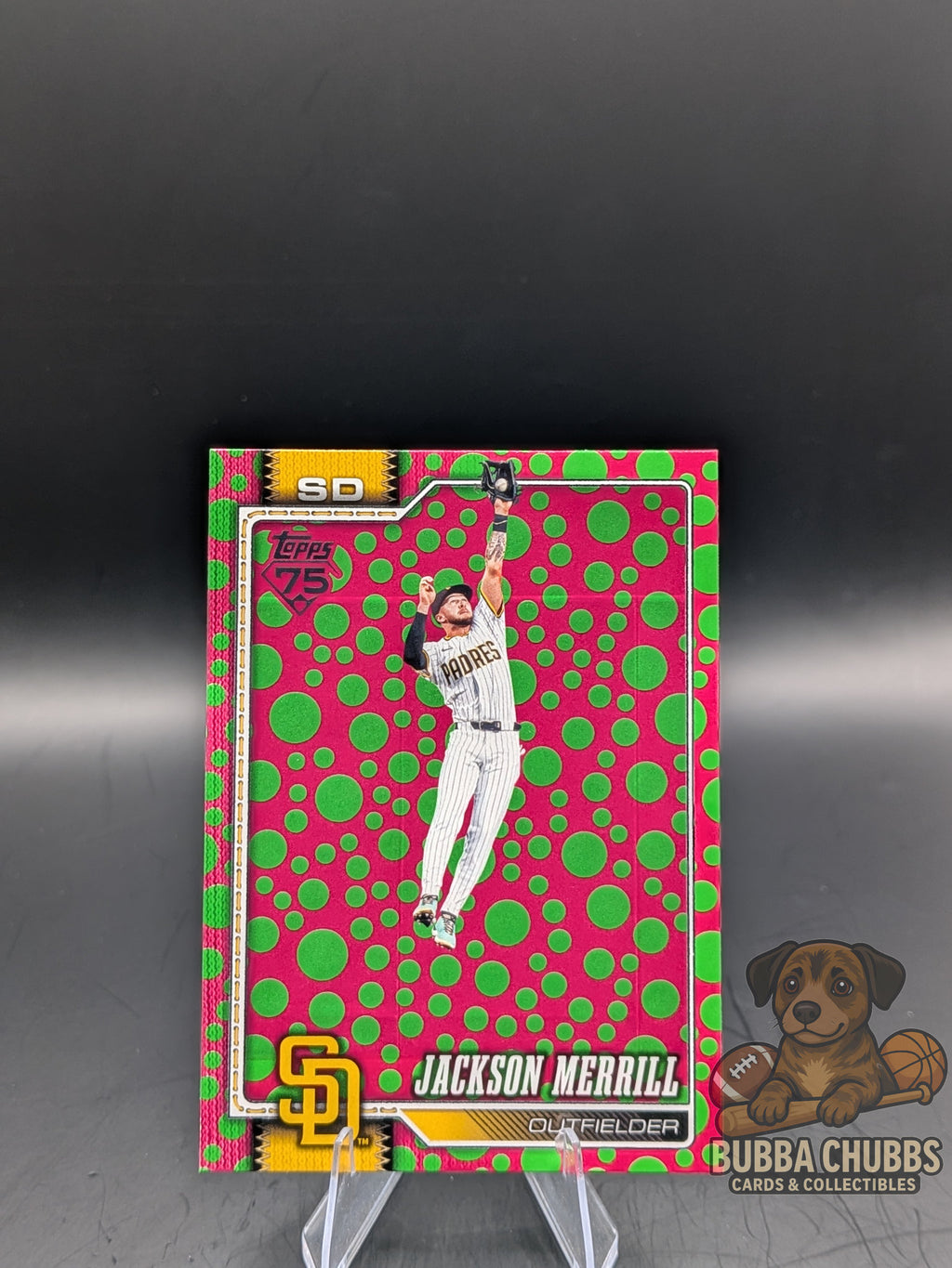 Baseball trading card with Jackson Merrill topps series 1 75th anniversary pink and green dots holiday parallel 