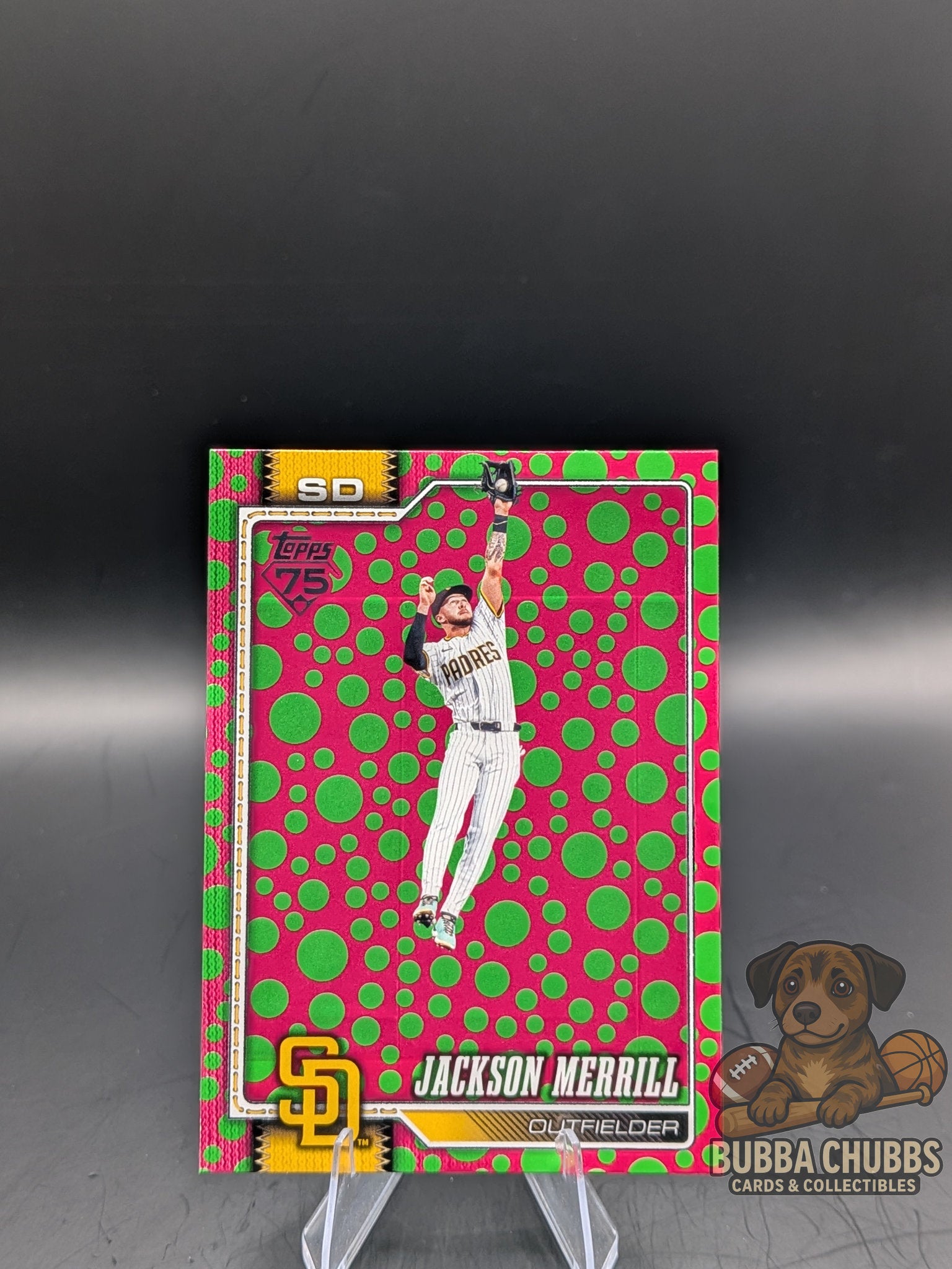 Baseball trading card with Jackson Merrill topps series 1 75th anniversary pink and green dots holiday parallel 