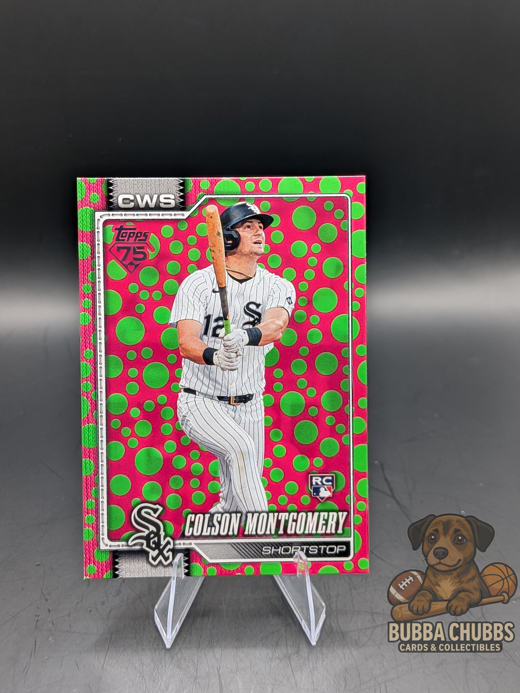 Baseball trading card with Colson Montgomery rookie holiday pink and green dots parallel