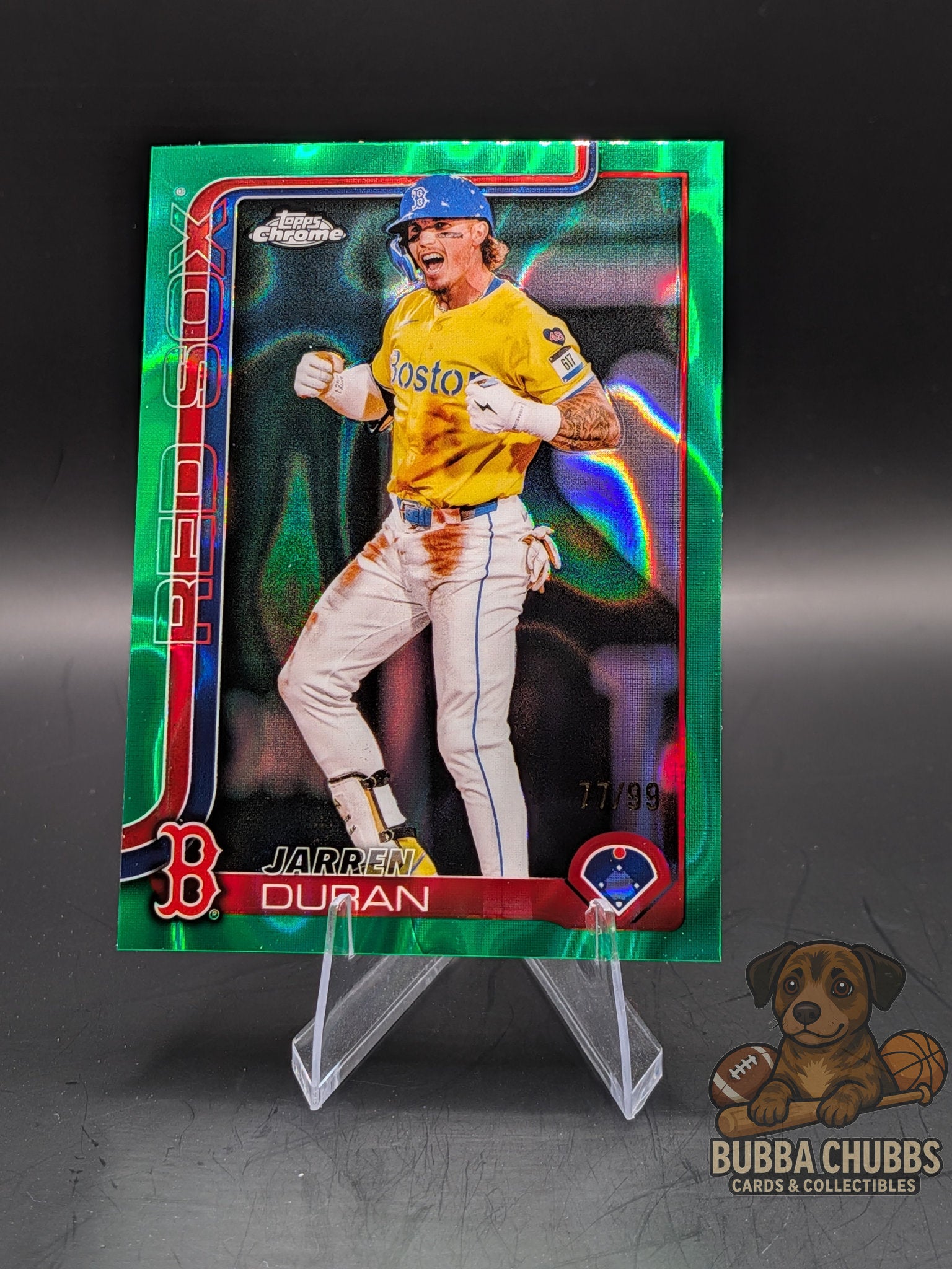 Baseball trading card of Jarren Duran Topps Chrome numbered green raywave parallel 