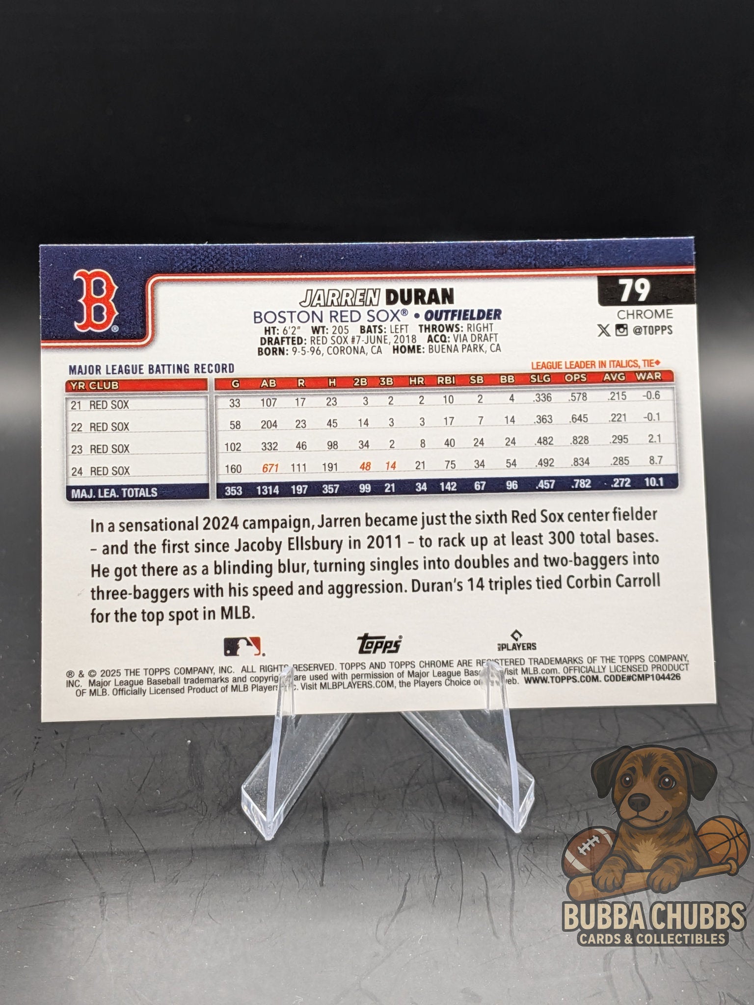 Baseball trading card of Jarren Duran Topps Chrome numbered green raywave parallel 