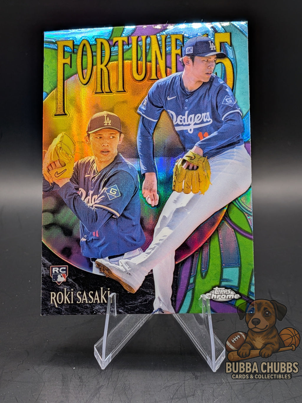 Baseball trading card featuring Roki Sasaki Topps Chrome Fortune 15 insert