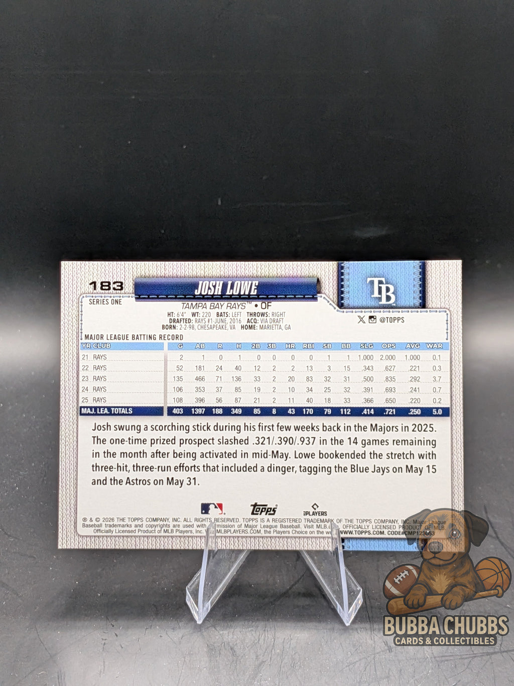 Baseball trading card of a Josh Lowe Topps 75th Anniversary Series One Holiday Spring Training Foil