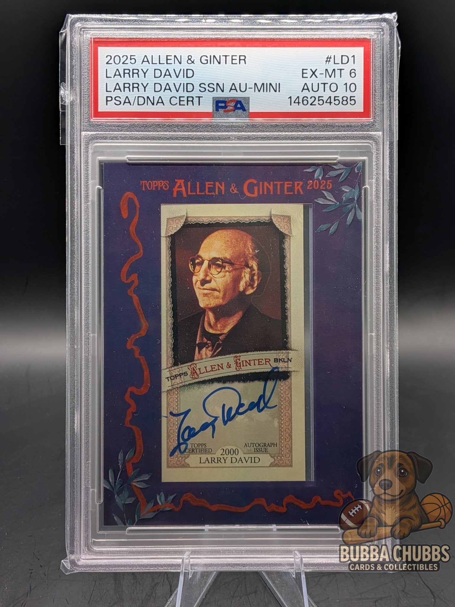 Trading card of Larry David by Allen & Ginter purple framed mini with blue signature 