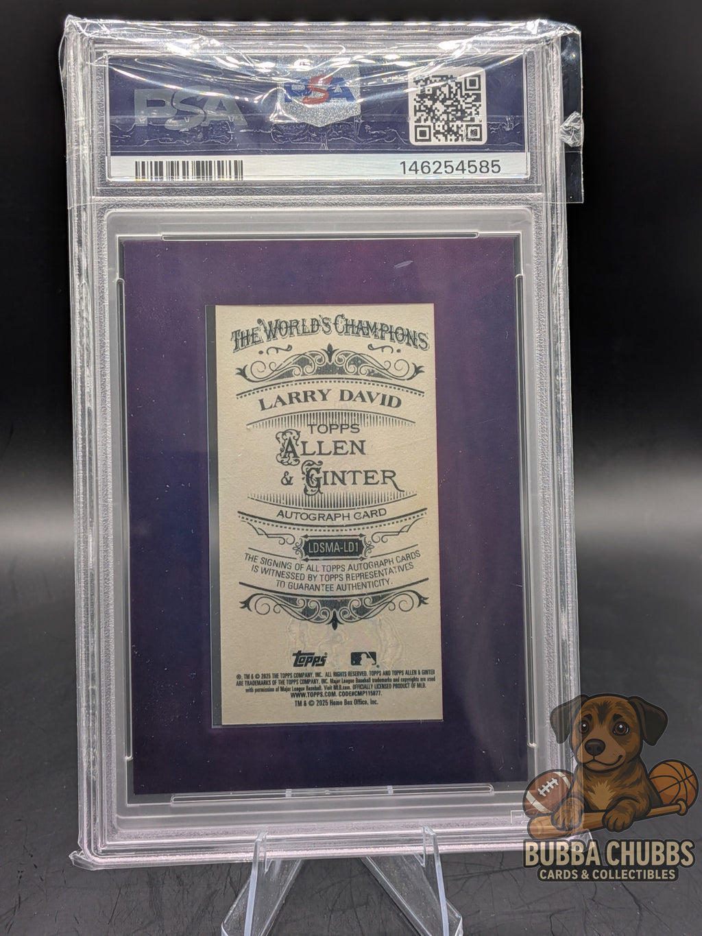 Trading card of Larry David by Allen & Ginter purple framed mini with blue signature 