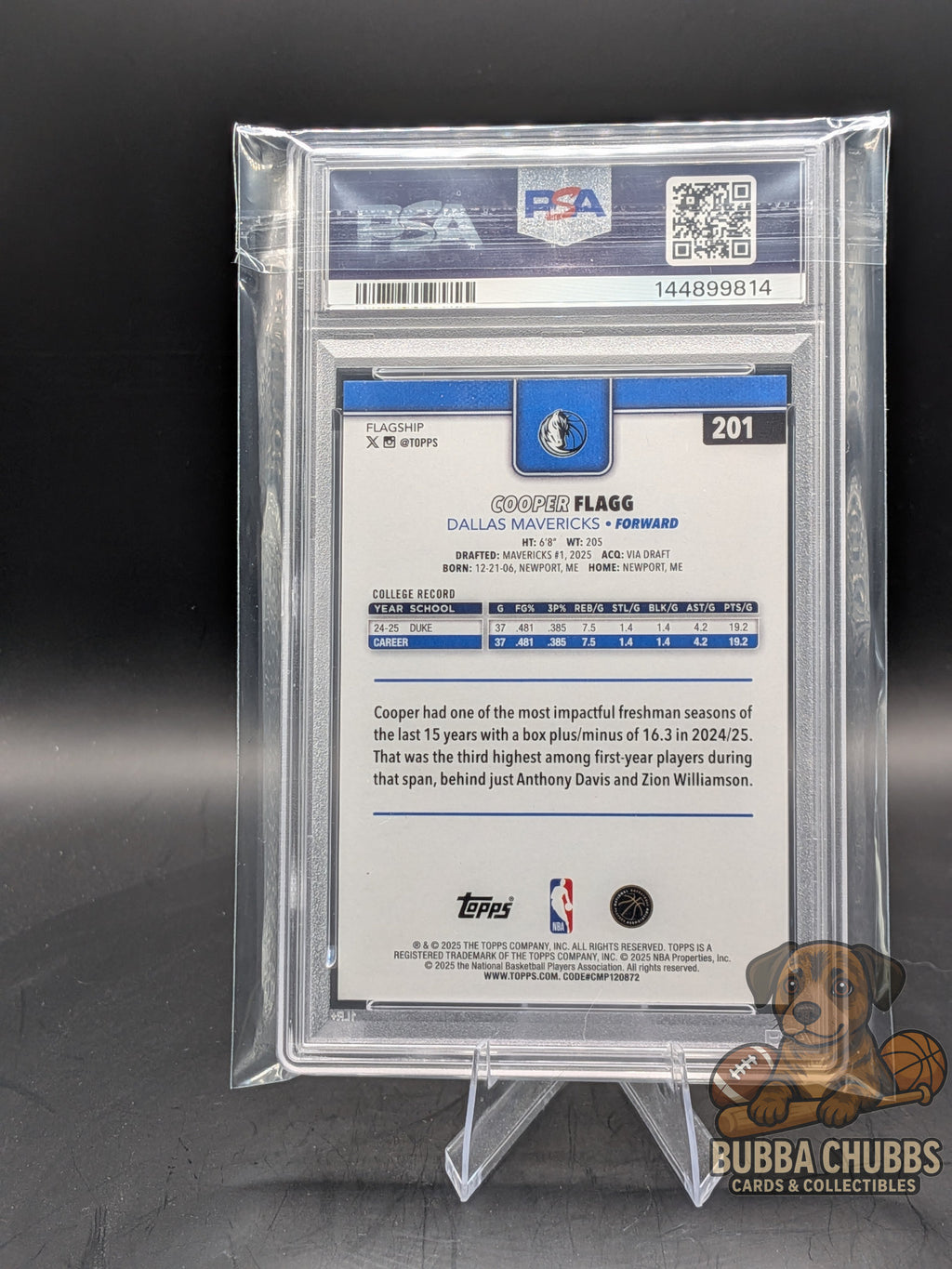 Basketball trading card of Cooper Flagg of the Dallas Mavericks rookie topps psa graded 10
