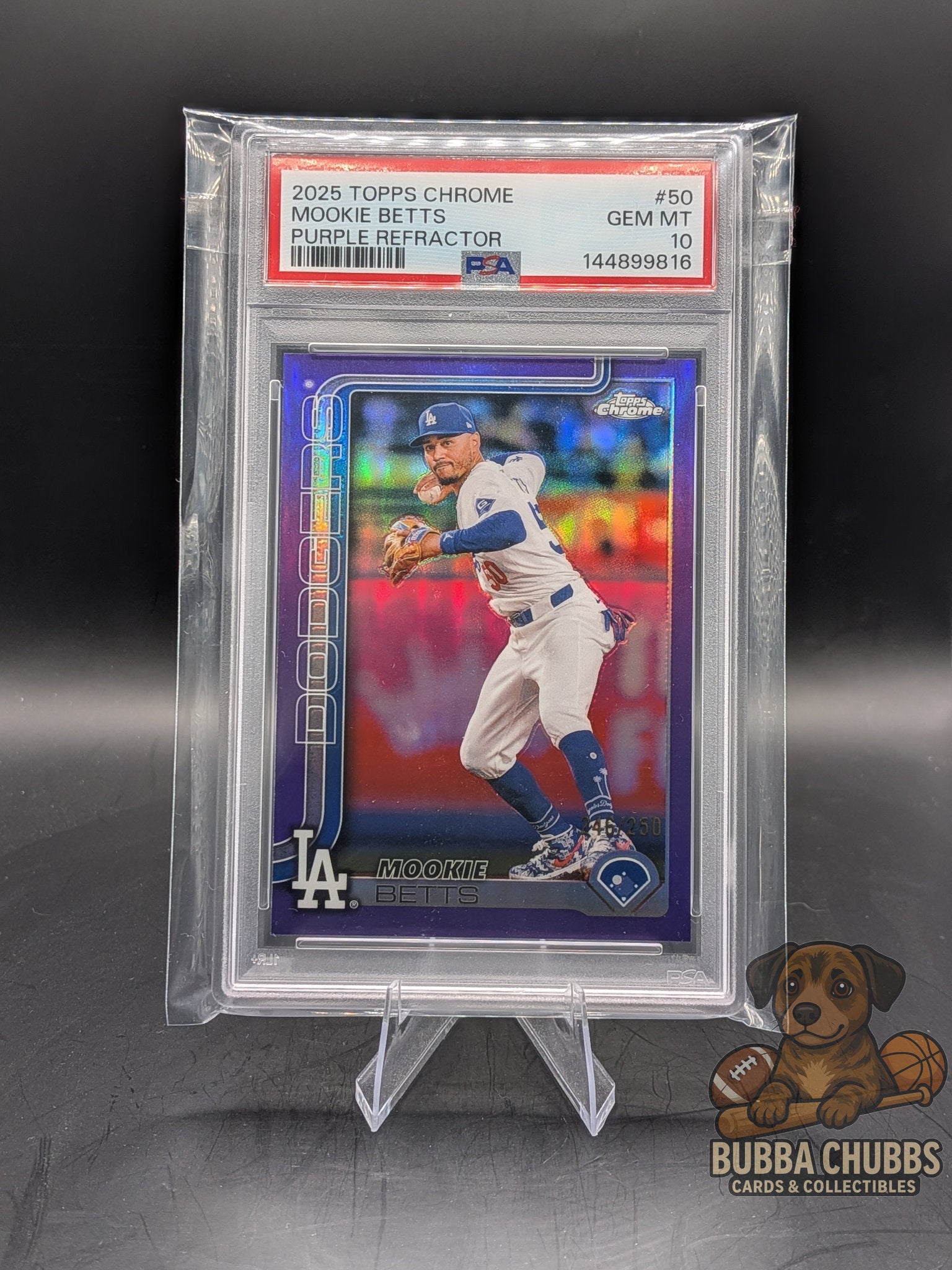 Baseball trading card Mookie Betts topps chrome purple refractor psa 10