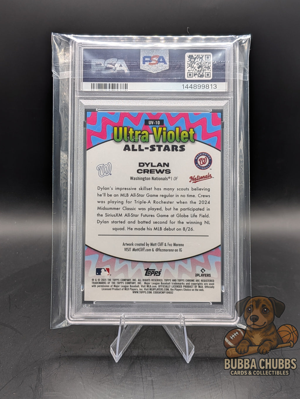 Trading card in Dylan crews topps chrome ultra violet green refractor