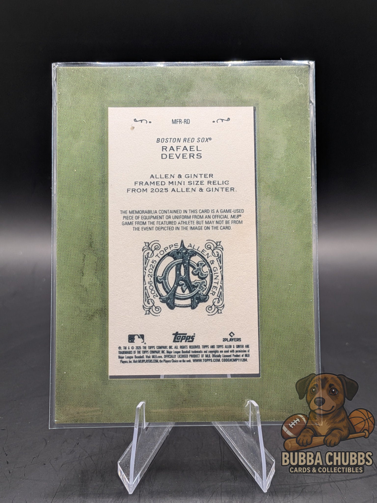 Baseball trading card Rafael Devers  topps allen & ginter Memorabilia relic green frame