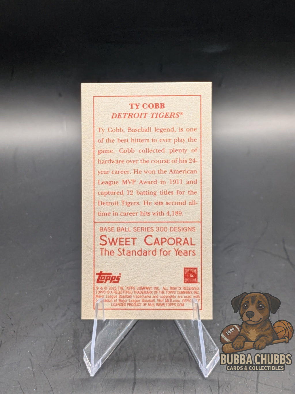Baseball trading card of Ty Cobb Topps T-205 mini Sweet Caporal back